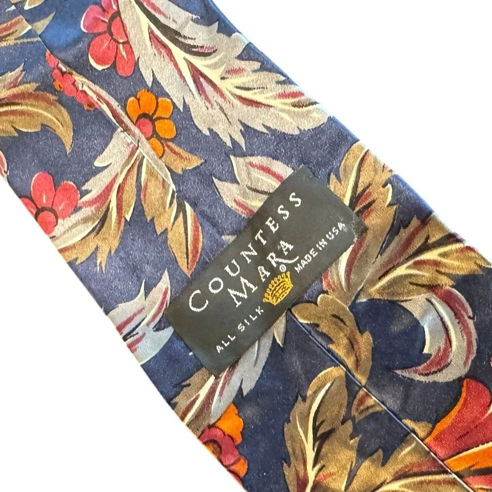 Countess‎ Mara Mens Silk Tie Blue Floral Botanical Pattern Made in USA Vintage